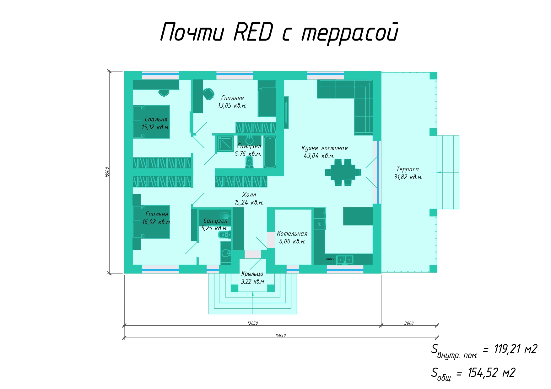 Готовый проект одноэтажного дома ПОЧТИ RED площадью 120 кв.м. из газобетона  от СК КИРОВПРОЕКТ.РФ